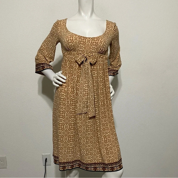 Maggy London "NEW" Brown Floral Front Bow 3/4 Sleeves Knee Length Dress Size 6 - Picture 1 of 8